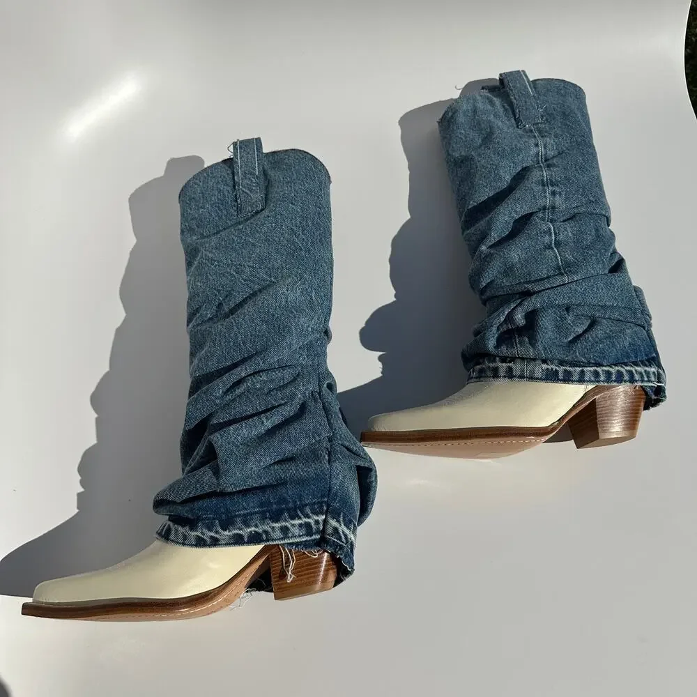 R13 Mid Cowboy Boots with Denim Sleeve Shaft Indigo Blue Ivory Size 38 NIB $1395 - Picture 6 of 16